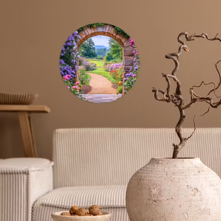 Doorkijk - Poort - Bloemen - Tuin Wandcirkel behangsticker klein -sfeer1
