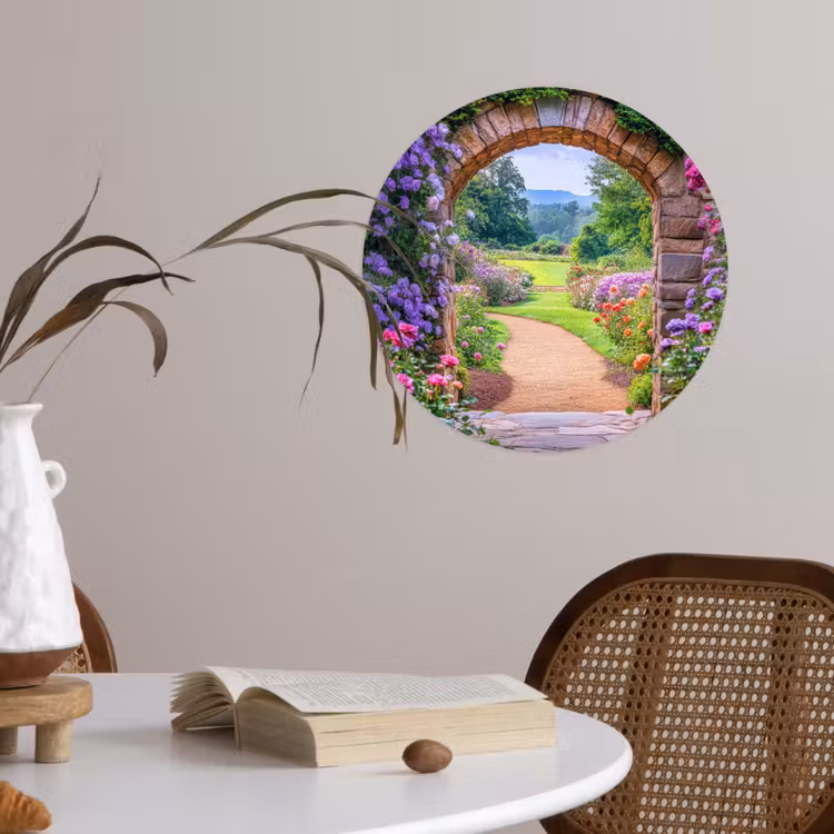 Doorkijk - Poort - Bloemen - Tuin Wandcirkel behangsticker klein -sfeer3