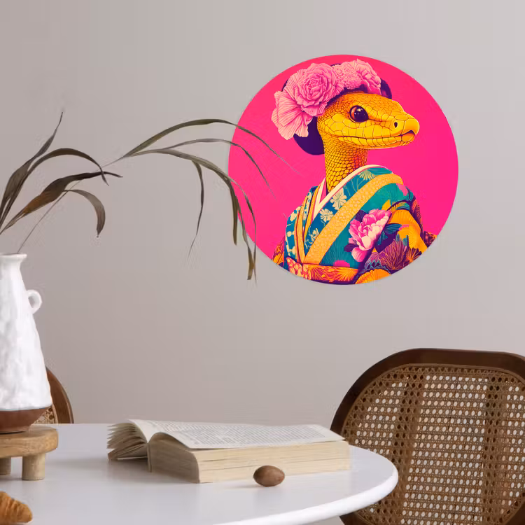 Hagedis - Bloemen - Roze - Kimono Wandcirkel behangsticker klein -sfeer3