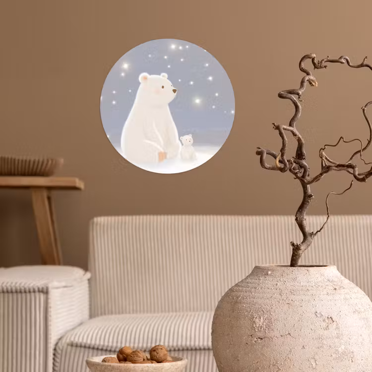 Ijsbeer - Sneeuw - Sterren - Blauw Wandcirkel behangsticker klein -sfeer1