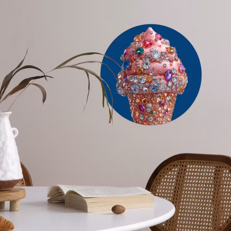 Ijsje - Hoorntje - Steentjes - Blauw Wandcirkel behangsticker klein -sfeer3