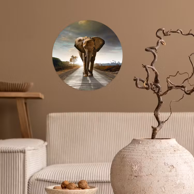 Olifant - Weg - Dieren - Zonsondergang - Landschap Wandcirkel behangsticker klein -sfeer1