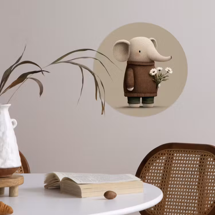 Olifant - Witte bloemen - Kindvriendelijk Wandcirkel behangsticker klein -sfeer3