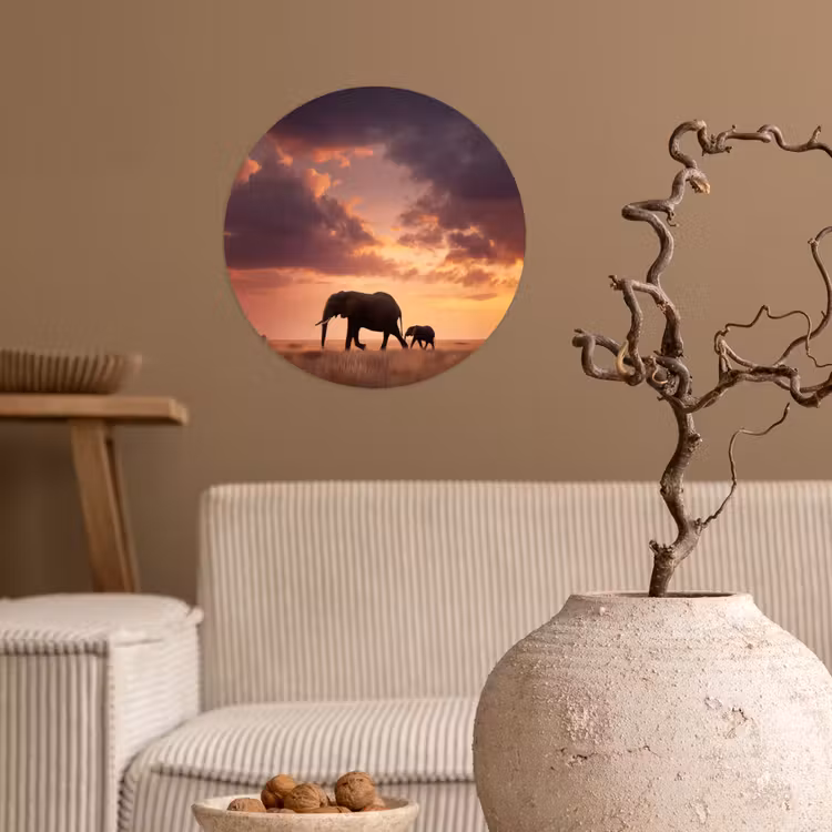 Olifanten - Grasland - Zonsondergang Wandcirkel behangsticker klein -sfeer1