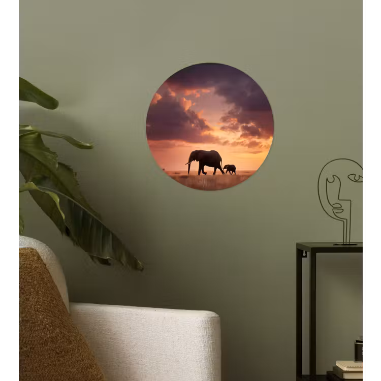 Olifanten - Grasland - Zonsondergang Wandcirkel behangsticker klein -sfeer2