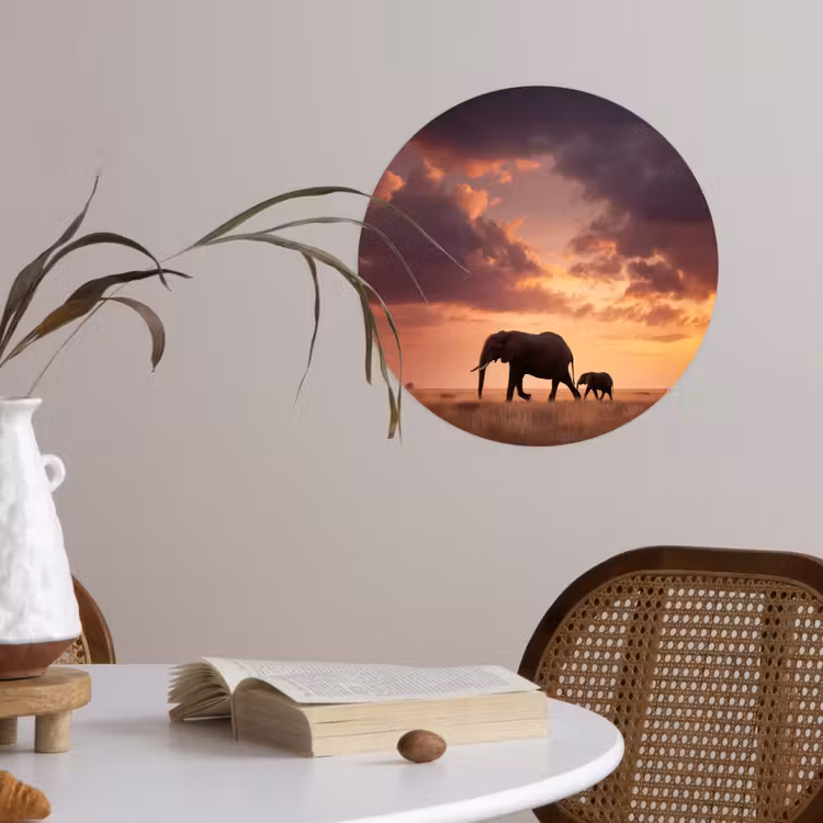Olifanten - Grasland - Zonsondergang Wandcirkel behangsticker klein -sfeer3