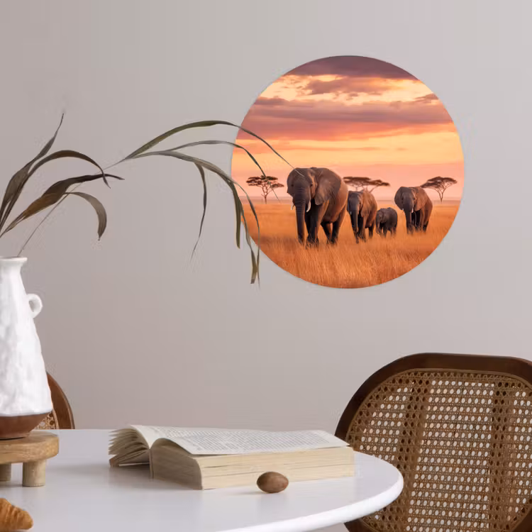 Groep olifanten - Open vlakte - Zon Wandcirkel behangsticker klein -sfeer3