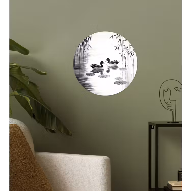 Eenden - Waterlelies - Riet - Zwart Wandcirkel behangsticker klein -sfeer2