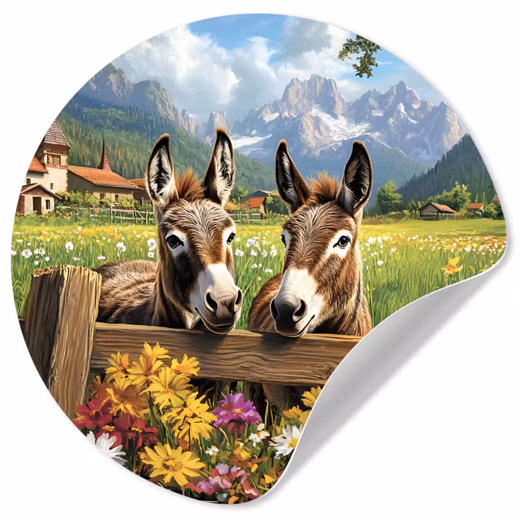 Ezels - Bloemen - Zomers Wandcirkel behangsticker klein -3d
