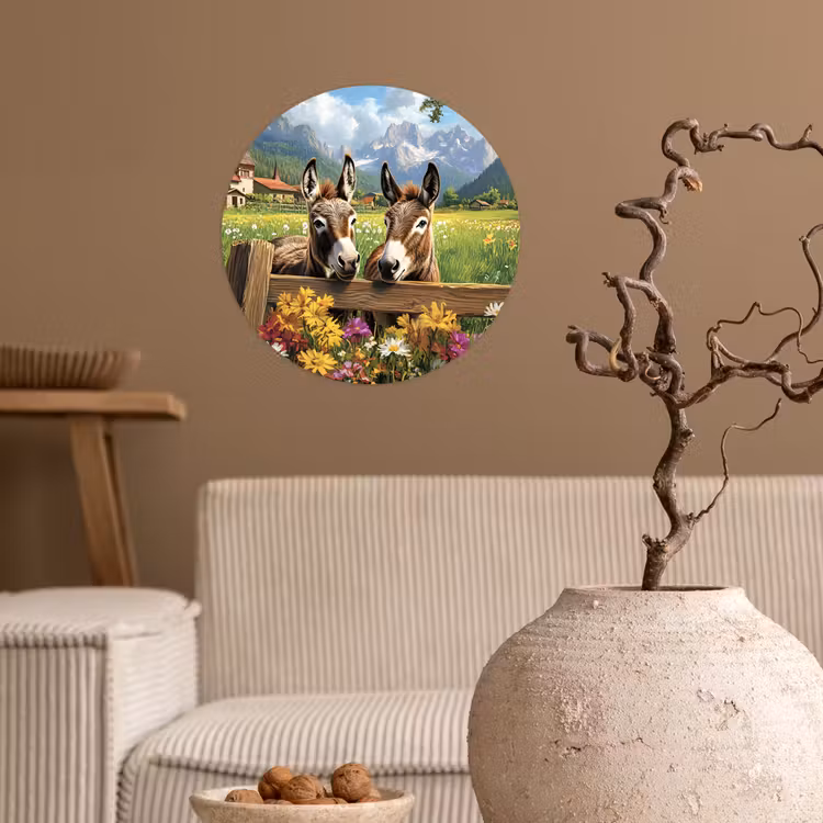 Ezels - Bloemen - Zomers Wandcirkel behangsticker klein -sfeer1