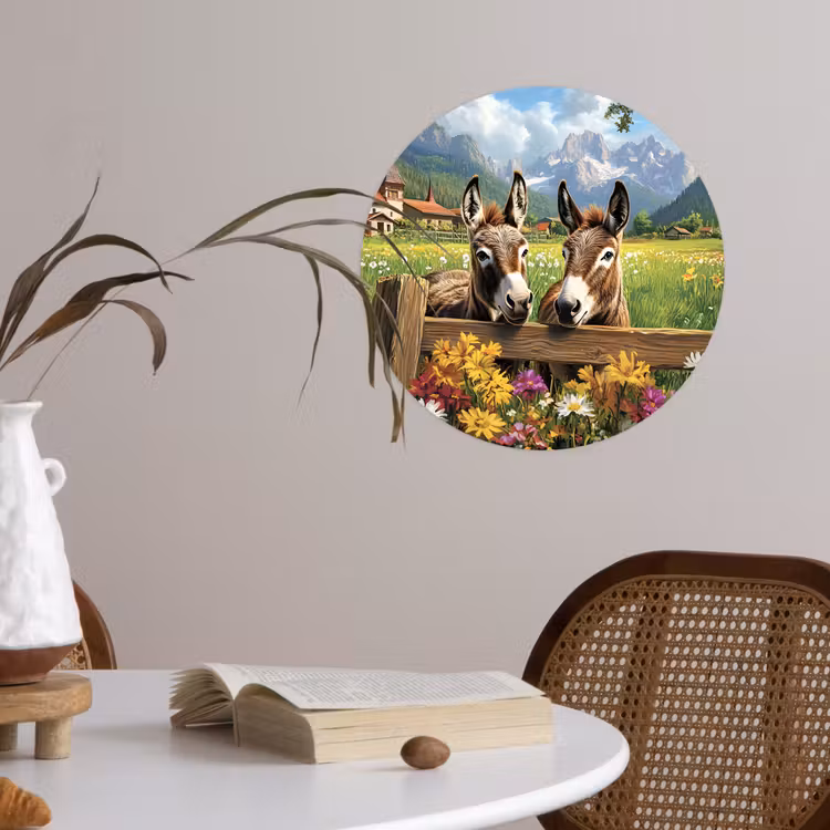 Ezels - Bloemen - Zomers Wandcirkel behangsticker klein -sfeer3