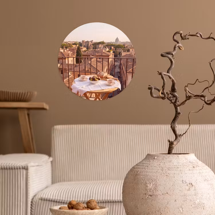 Eten - Ontbijt - Balkon - Stad - Zonsopgang Wandcirkel behangsticker klein -sfeer1
