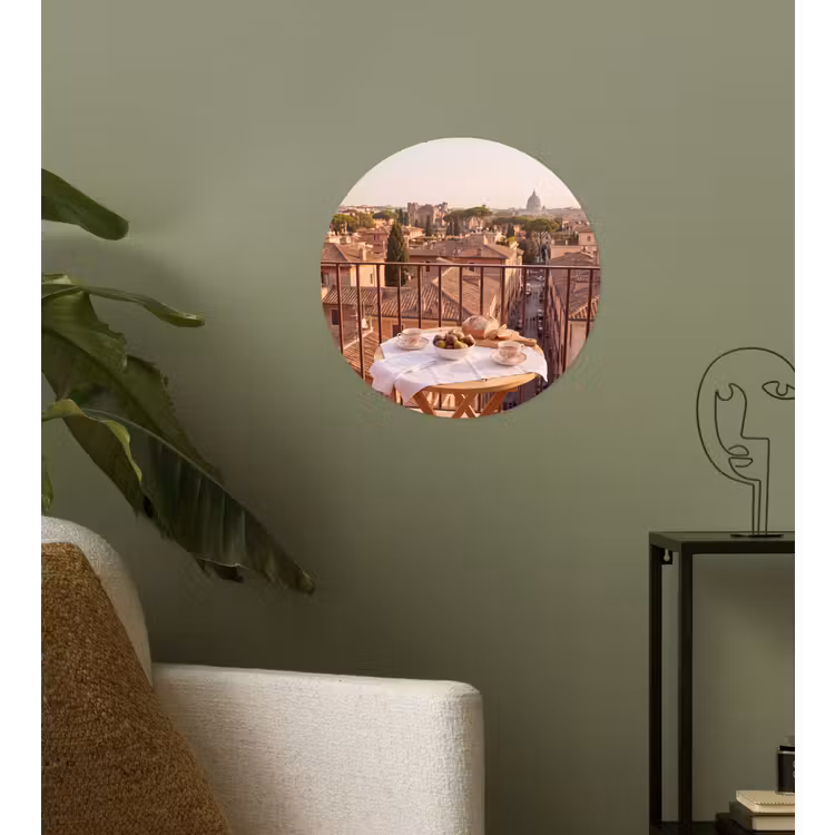 Eten - Ontbijt - Balkon - Stad - Zonsopgang Wandcirkel behangsticker klein -sfeer2