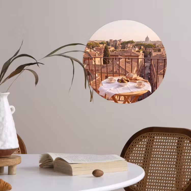 Eten - Ontbijt - Balkon - Stad - Zonsopgang Wandcirkel behangsticker klein -sfeer3