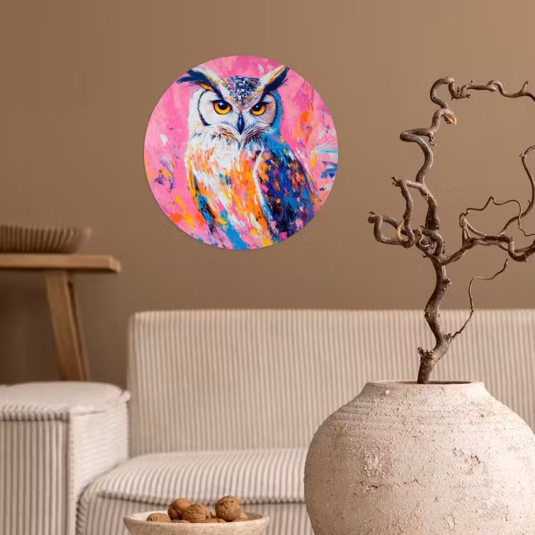 Uil - Roze - Blauw - Verf - Abstract Wandcirkel behangsticker klein -sfeer1