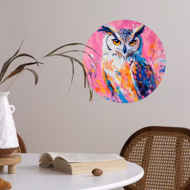 Uil - Roze - Blauw - Verf - Abstract Wandcirkel behangsticker klein -sfeer3