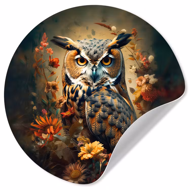 Uil - Vogel - Bloemen - Planten - Botanisch Wandcirkel behangsticker klein -3d