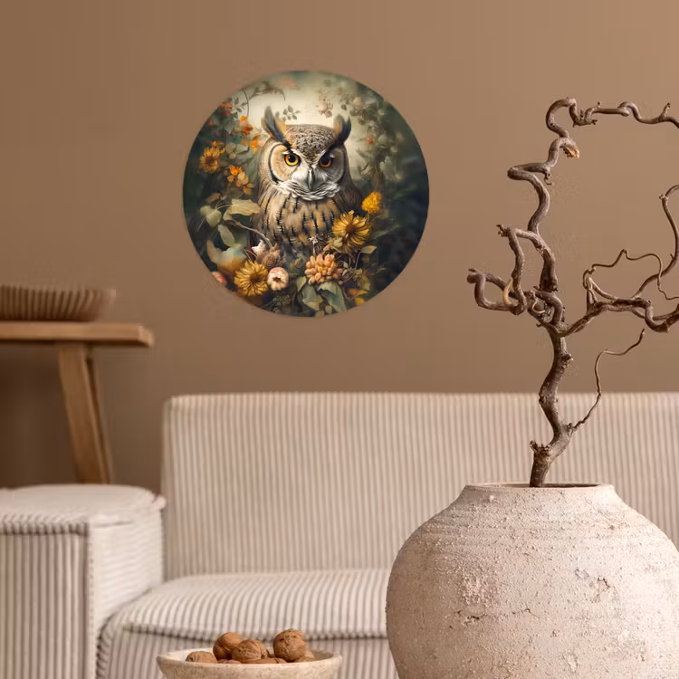 Uil - Vogels - Bloemen - Natuur Wandcirkel behangsticker klein -sfeer1