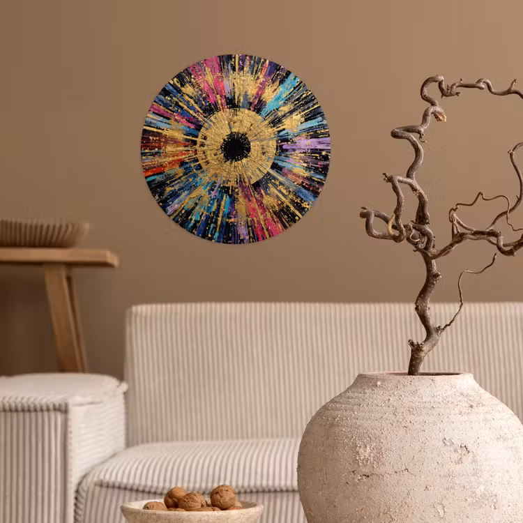 Explosie - Goud - Kleurrijk - Abstract Wandcirkel behangsticker klein -sfeer1