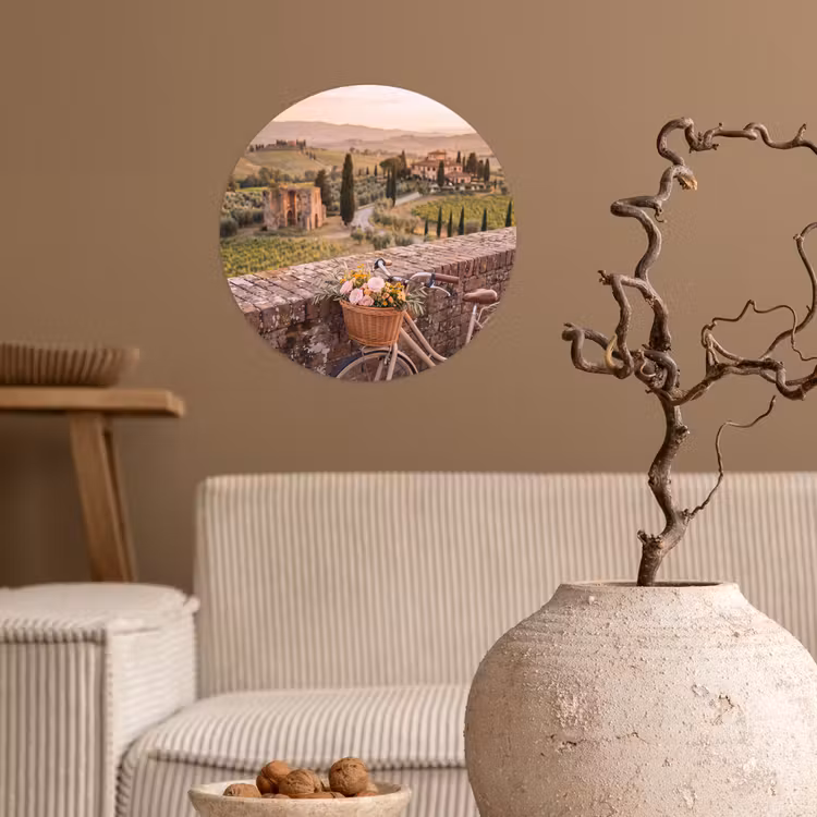 Fiets - Bloemen - Toscane - Landschap - Roze Wandcirkel behangsticker klein -sfeer1