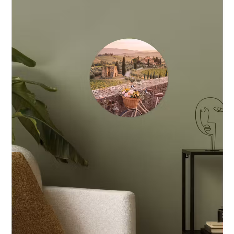 Fiets - Bloemen - Toscane - Landschap - Roze Wandcirkel behangsticker klein -sfeer2