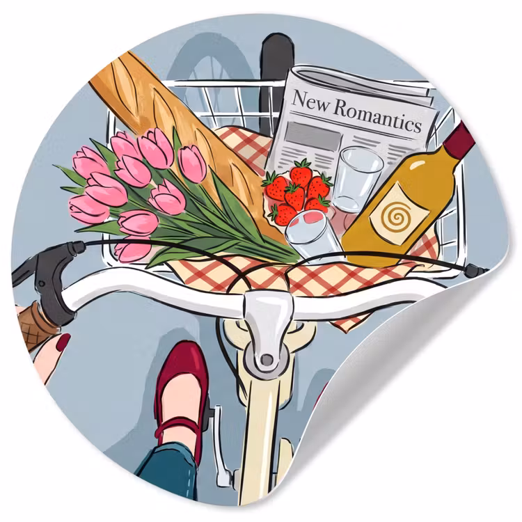 Fiets - Picknick - Zomer - Illustratie Wandcirkel behangsticker klein -3d
