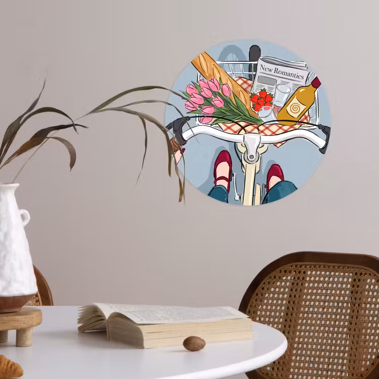 Fiets - Picknick - Zomer - Illustratie Wandcirkel behangsticker klein -sfeer3