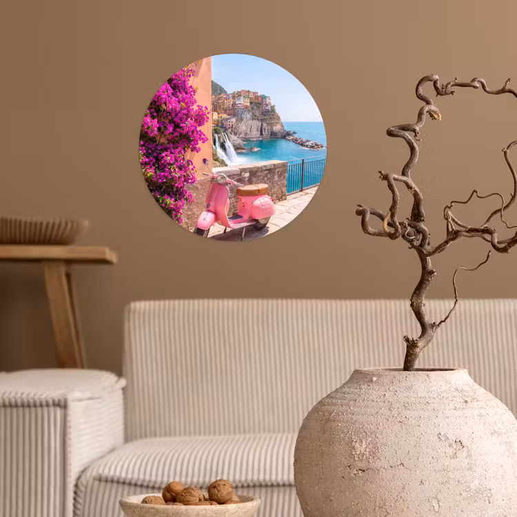 Voertuig - Roze - Kust - Zomer - Reizen Wandcirkel behangsticker klein -sfeer1