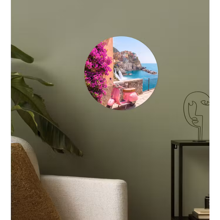 Voertuig - Roze - Kust - Zomer - Reizen Wandcirkel behangsticker klein -sfeer2
