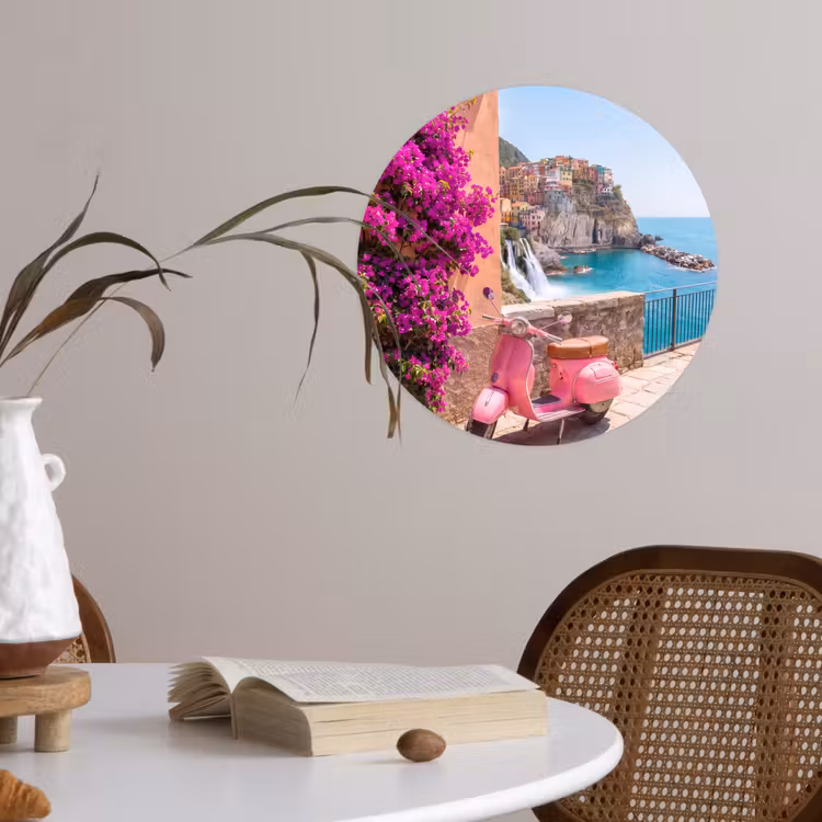 Voertuig - Roze - Kust - Zomer - Reizen Wandcirkel behangsticker klein -sfeer3