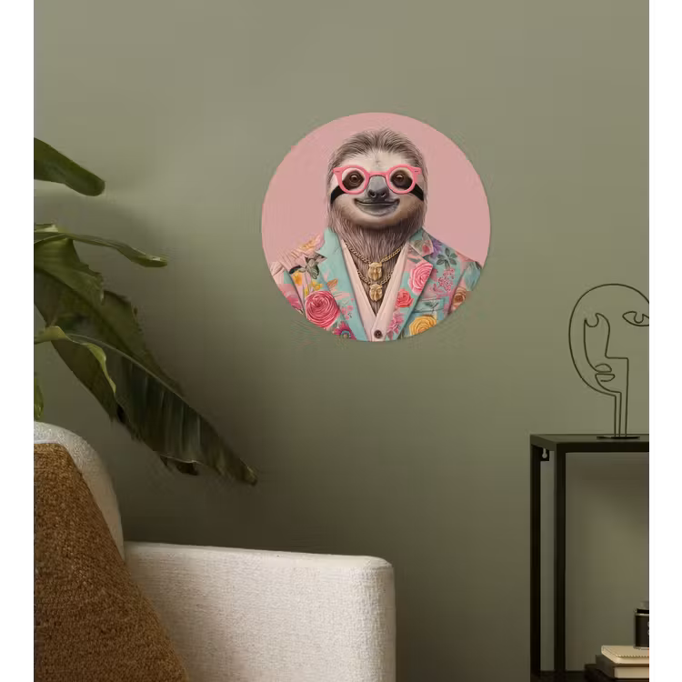 Luiaard - Bloemenprint - Bril - Roze Wandcirkel behangsticker klein -sfeer2