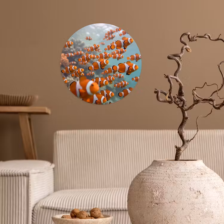 Vis - School - Onderwater - Dieren - Oranje Wandcirkel behangsticker klein -sfeer1