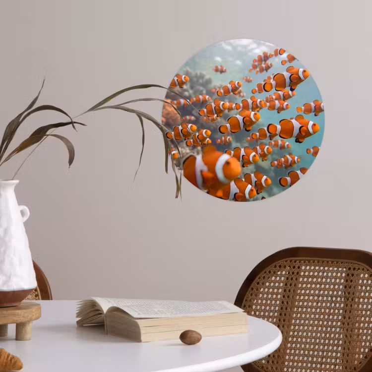 Vis - School - Onderwater - Dieren - Oranje Wandcirkel behangsticker klein -sfeer3