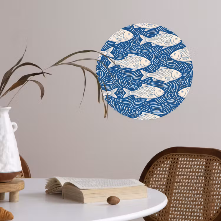 Vis - Water - Patroon - Grafisch - Blauw Wandcirkel behangsticker klein -sfeer3