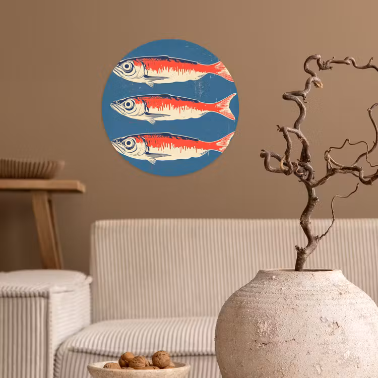 Vissen - Rood - Blauw Wandcirkel behangsticker klein -sfeer1