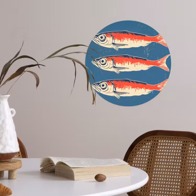 Vissen - Rood - Blauw Wandcirkel behangsticker klein -sfeer3