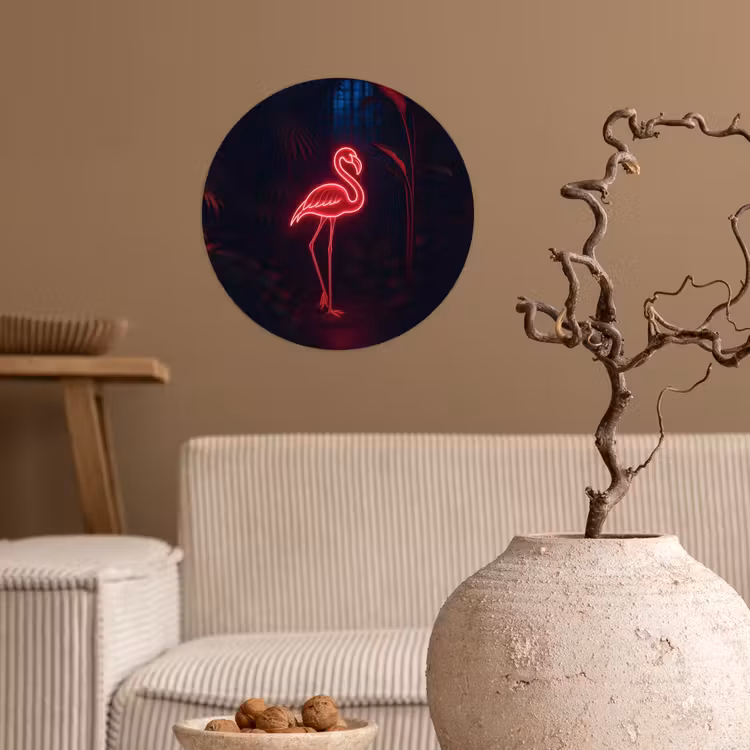Flamingo - Roze - Neon - Licht Wandcirkel behangsticker klein -sfeer1