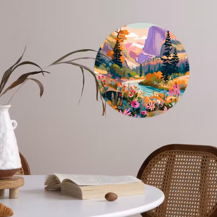 Rivier - Vallei vol bloemen - Levendig Wandcirkel behangsticker klein -sfeer3