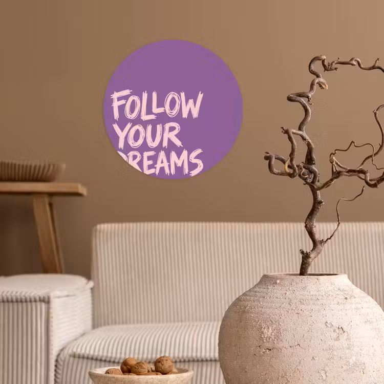Follow your dreams - Paars - Penseeltextuur Wandcirkel behangsticker klein -sfeer1