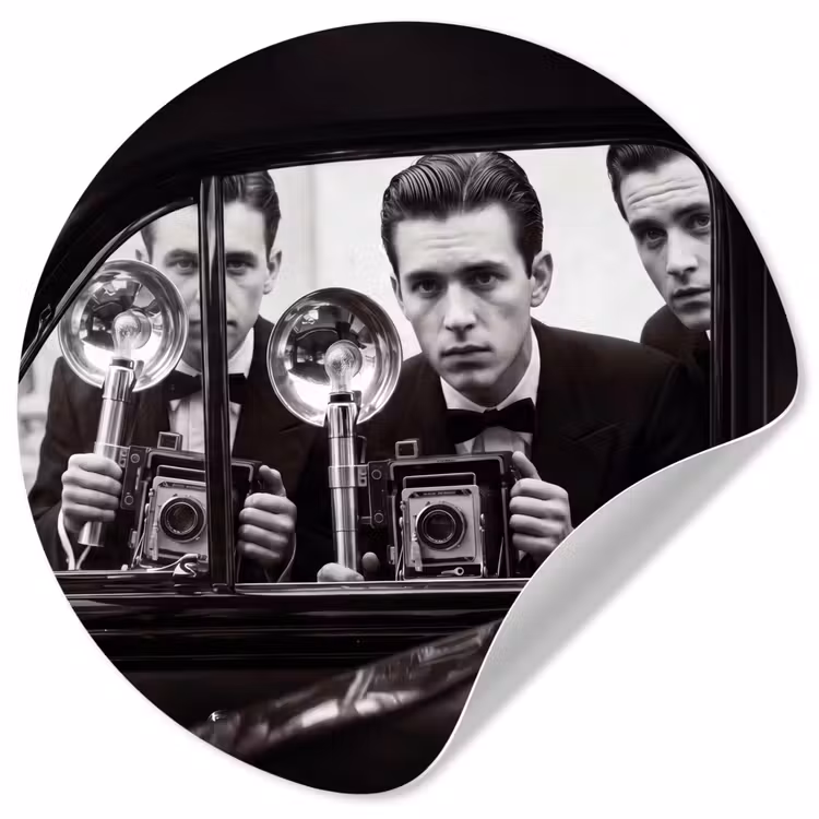 Fotograaf - Camera - Vintage - Journalistiek - Zwart-wit Wandcirkel behangsticker klein -3d