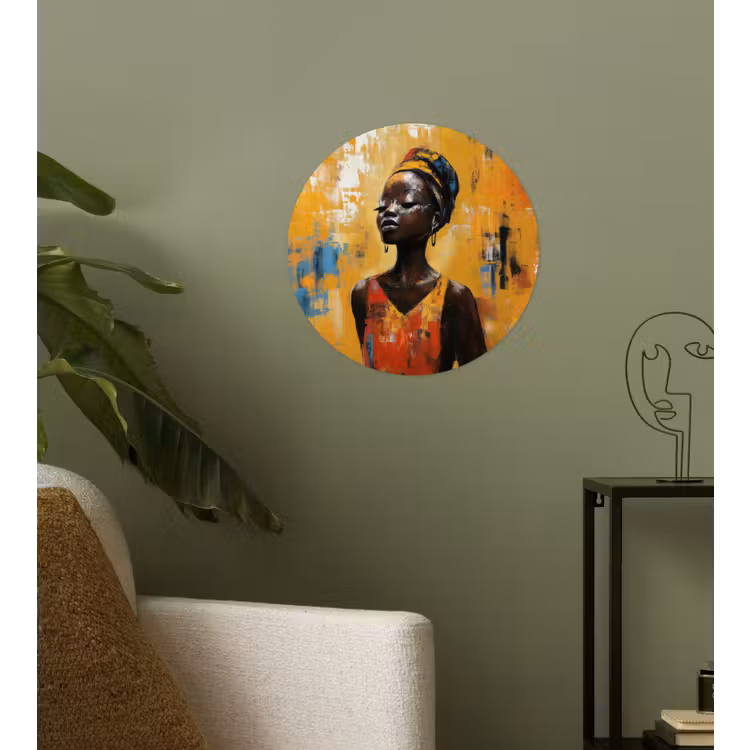 Vrouw - Ogen - Penseelstreken - Geel Wandcirkel behangsticker klein -sfeer2