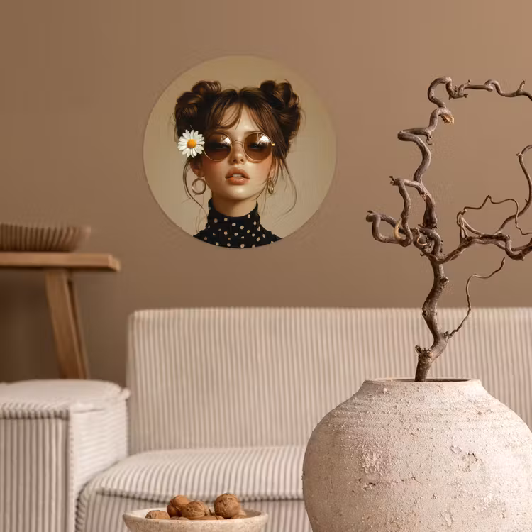 Vrouw - Beige - Bloem - Modern - Portret Wandcirkel behangsticker klein -sfeer1