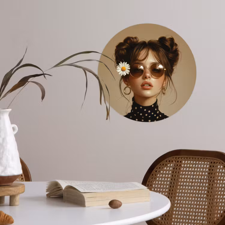 Vrouw - Beige - Bloem - Modern - Portret Wandcirkel behangsticker klein -sfeer3