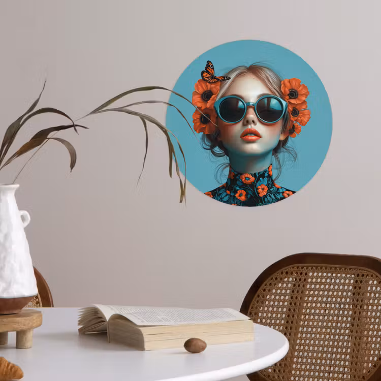 Vrouw - Blauw - Vlinder - Bloemen - Aesthetic Wandcirkel behangsticker klein -sfeer3