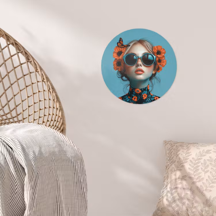 Vrouw - Blauw - Vlinder - Bloemen - Aesthetic Wandcirkel behangsticker klein -sfeer4
