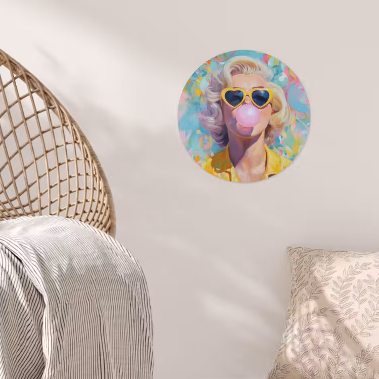 Vrouw - Blond - Roze kauwgom - Kleurrijk - Pastel Wandcirkel behangsticker klein -sfeer4