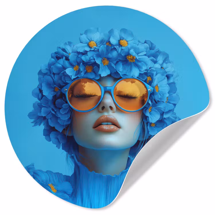 Vrouw - Bloem - Blauw - Modern - Bril - Portret Wandcirkel behangsticker klein -3d