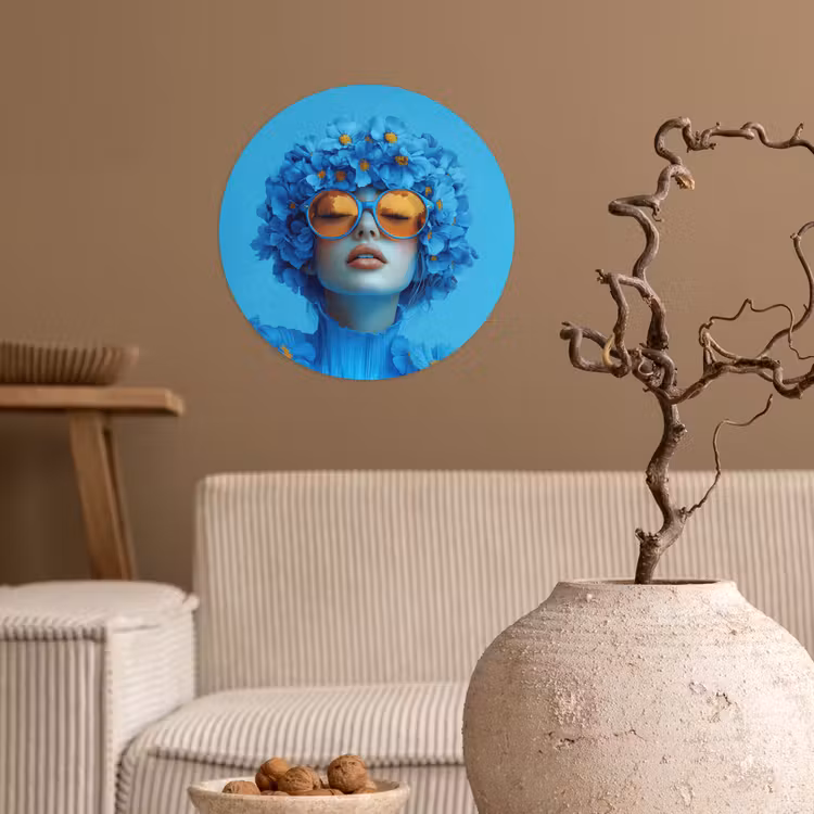 Vrouw - Bloem - Blauw - Modern - Bril - Portret Wandcirkel behangsticker klein -sfeer1