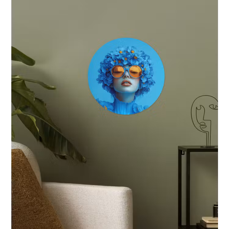 Vrouw - Bloem - Blauw - Modern - Bril - Portret Wandcirkel behangsticker klein -sfeer2