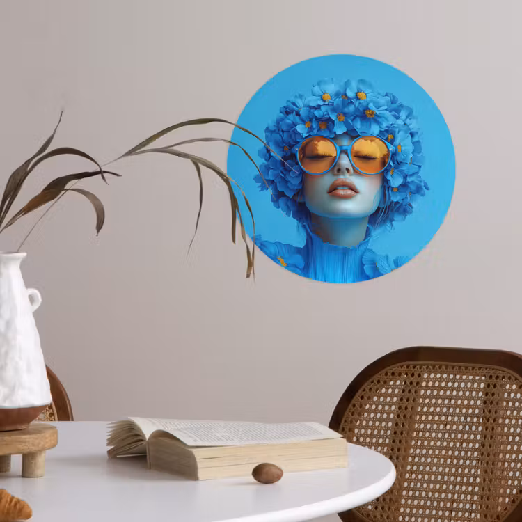 Vrouw - Bloem - Blauw - Modern - Bril - Portret Wandcirkel behangsticker klein -sfeer3